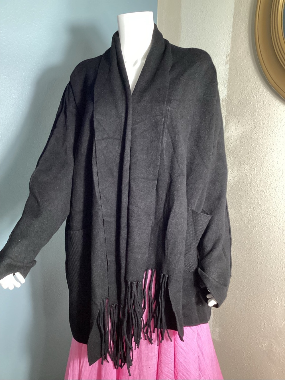 Magaschoni Woman Black Open Front Cardigan Sweater 2X Fringe Scarf Detail